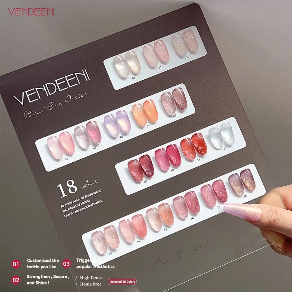 Vendeeni chất lượng 18 màu sắc Gel đánh bóng móng tay nghệ thuật tùy chỉnh không độc hại Sparkle UV gel sơn móng tay hữu cơ sơn móng tay Kit nhà máy OEM