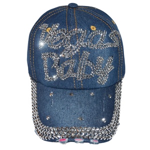 Vegas Babay Sporty 5-Panel Hat Custom Logo Light Denim Jeans Wash Bling <b>Baseball</b> <b>Cap</b> with Rhinestones Common Fabric Feature - Product Image 4