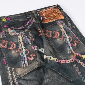 <span class=keywords><strong>Jean</strong></span> noir ample à jambe large pour homme avec imprimé chaîne bonbon, denim délavé vintage pour le streetwear - Product Image 2