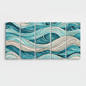 Art sur toile imprimé de style bohème moderne : décoration murale abstraite à thème vague, lot de 5 toiles - Product Image 2