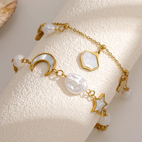 Bracelet en acier inoxydable plaqué or 18 carats pour femmes, véritable charme étoile lune en nacre, bijoux en perles baroques imperméables