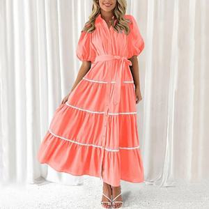 Wholesale Custom OEM High Quality Womens Midi <b>Dress</b> Bubble Sleeve Lace Layered Pleated Short Sleeve Natural Waist Shirt <b>Dress</b> - Product Image 6