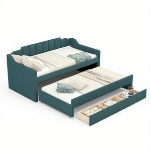 Lit de repos rembourré taille double avec lit gigogne et trois tiroirs, cadre en tissu moderne, mobilier de chambre à coucher - Product Image 1