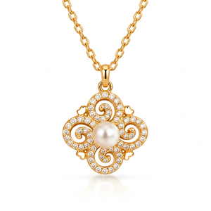 Collar con Colgante de Flor de Plata de Ley Chapado en Oro de 14K con Perla de Agua Dulce y Diamantes Engastados en Bisel para Boda Romántica de Mujer - Product Image 1
