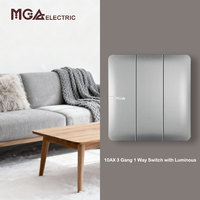 Modules d'alimentation à découpage MGA 10A pour éclairage domestique et hôtelier, interrupteur 3 gangs 1 voie avec panneau UK et indicateur lumineux de nuit