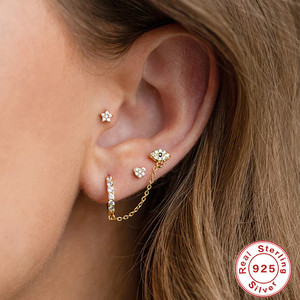CANNER 2023 Nuevos Pendientes de Aro de Plata de Ley S925 con Zirconia de Una Sola Hilera, Borla de Ojos y Cadena, Pendientes de Doble Orificio para la Oreja, de Moda - Product Image 5