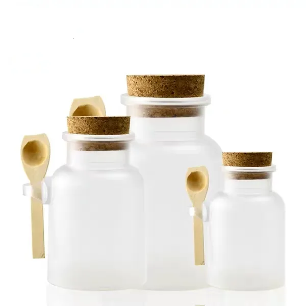 Botella de crema transparente mate, recipiente de plástico de menta para gato, tarro de sal de baño con corcho y cuchara, 100ml, 200ml, 300ml