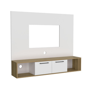 Vance 56 In Wide <b>Floating</b> Entertainment Center With Two Cabinets Four Shelves Cable Management Natural Oak White - Product Image 2