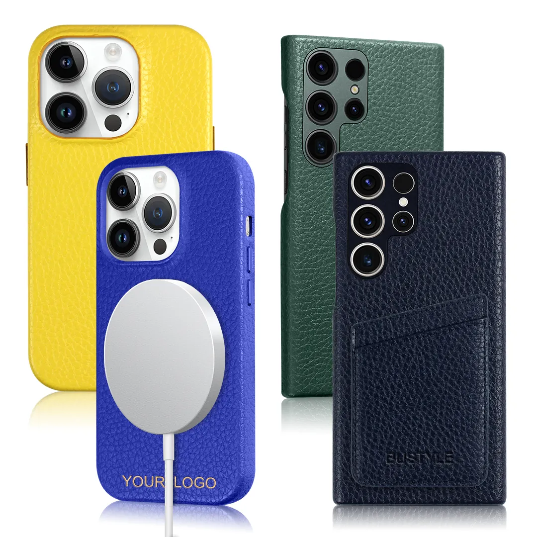 Luxury Pebble Leather smartphone Cover with Metal Button For iPhone 14 Litchi grain Leather Phone Case wallet holder for samsung