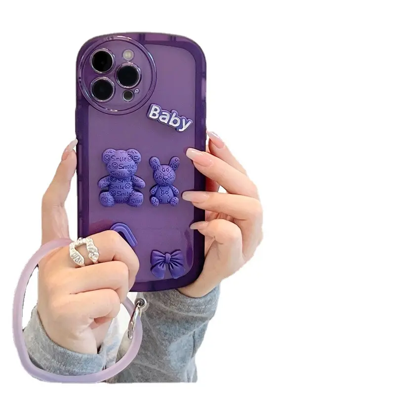 Luxury Cartoon Bear Soft Bracelet Shockproof transparent purple cell Phone Case For Samsung A03 A13 A23 A32 A3 A51 A52Back Cover