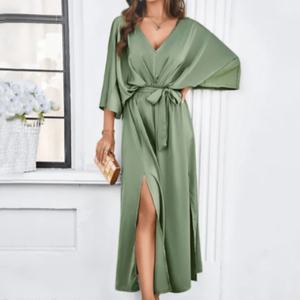 Vestido Midi de Satén Lujoso con Mangas Kimono, Elegante Vestido Largo con Cuello en V, Cintura Atada y Abertura Lateral para Mujer, Ideal para Fiestas, Vacaciones y Uso Casual - Product Image 1