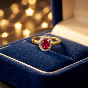 Elegant 24K Gold <b>Ring</b> Oval Red Stone Sparkling Halo Design Luxury Jewelry Piece for Women Daily Wear Wedding Special Occasion - Product Image 2