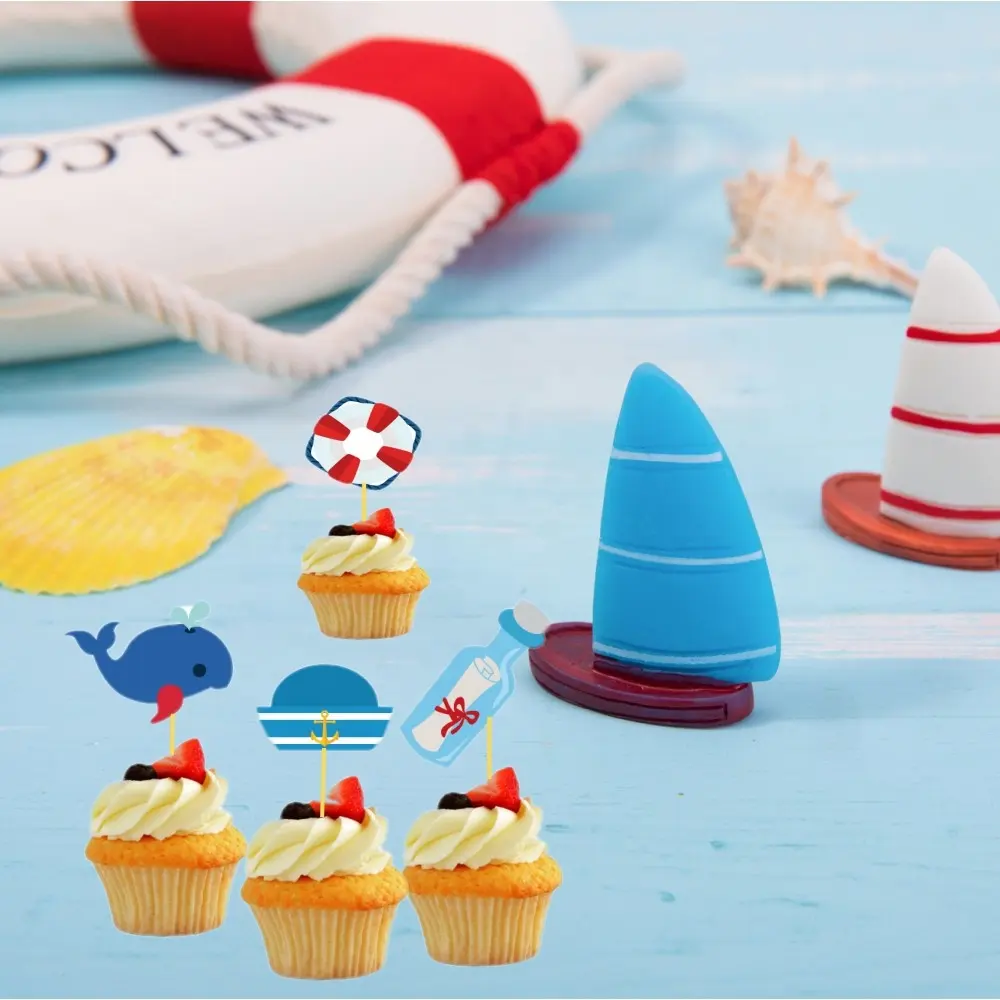 Deniz Cupcake Toppers balina kek süslemeleri bebek duş düğün doğum günü partisi deniz tema Cupcake seçtikleri