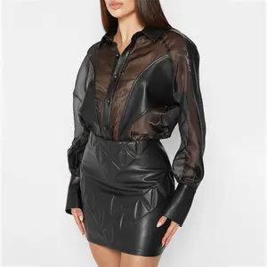 Customized High Quality Loose Shirt Vegan Leather Translucence Long Sleeves Fashion Bodysuit For Women