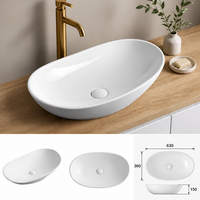 Évier de comptoir moderne en céramique vitreuse, rond, à rebord incurvé, 630 mm, hauteur 150 mm au-dessus du comptoir, avec égouttoir, pour hôtels et appartements de luxe