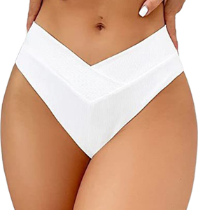 Women's High Waisted <b>V</b> Cut Bikini Bottoms Ribbed Tummy Control Solid Color Swim Briefs OEM Service Anti-UV Quick Dry for Summer. - Product Image 1