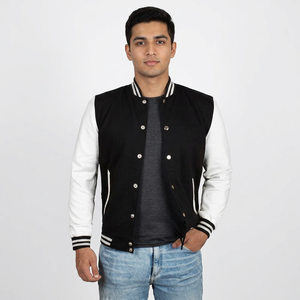Varsity Jacket for <b>Men</b> Stand Collar Leather Sleeves Embroidery Autumn Black Letterman Baseball Style - Product Image 1