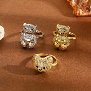 Anillo Zoryn con diseño de oso de peluche estilo vintage, chapado en cobre con circonitas coloridas, incrustaciones de circonita, chapado en oro de 18 quilates, anillo abierto con oso de peluche colorido - Product Image 1