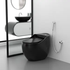 Inodoro de cerámica negra de una pieza para baño, inodoro con diseño de forma de huevo, artículos sanitarios