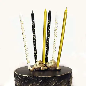 Velas Largas y Delgadas con Rayas Blancas en Soportes, Decoración para Fiestas <span class=keywords><strong>de</strong></span> Cumpleaños en Negro y Dorado, Velas para Pasteles - Product Image 1