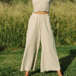 Pantalones de Mujer Hechos a Medida, Pantalones Anchos de Color Arena de Lujo, Cintura Elástica, Pantalones de Lino de Alta Calidad - Product Image 2