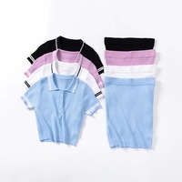 Ensemble deux pièces côtelé style preppy pour femme : haut à revers et manches courtes, mini-jupe taille haute ajustée pour les vacances, le week-end ou les tenues quotidiennes