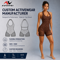 Nouvelle Arrivée Transfrontalière Combinaison de Yoga Femme Imprimé Léopard Col Halter Dos Nu Effet Push-up Sans Coutures Spandex/Nylon