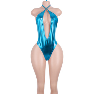 طقم بودي سوت من الجلد اللامع بفتحة صدر عميقة مع سروال داخلي من السباندكس، ملابس رقص مثيرة للفتيات في المسارح والنوادي وقاعات الرقص - Product Image 6