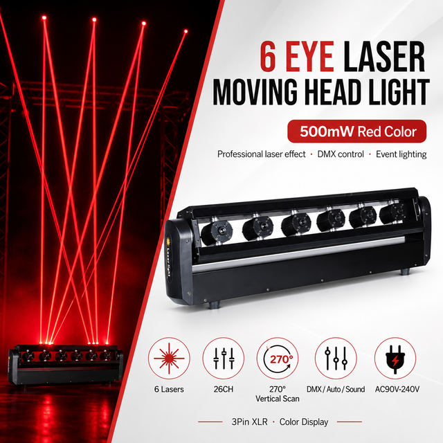 6 Eyes Full Color RGB Moving Head Laser Light 500mw Red Color Laser bar Dmx Stage Lighting for Wedding Show Night Club