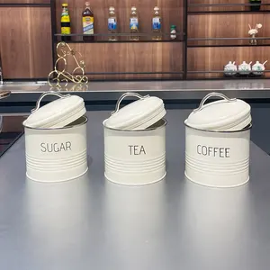 3 pcs套装现代厨房储物罐镀锌钢奶油色粉末涂层茶咖啡糖罐套装