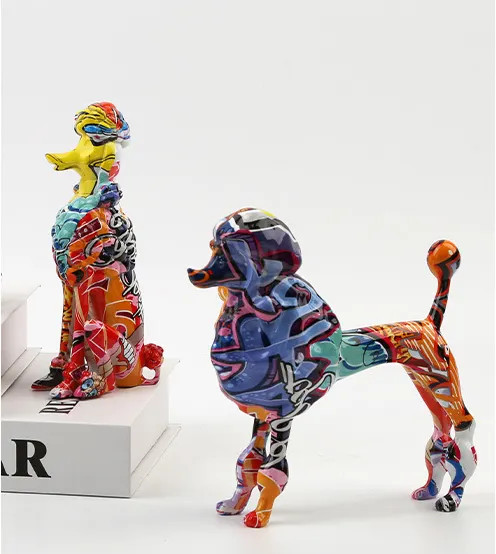 Polyresin शिल्प भित्तिचित्र रंगीन छींटे हस्तनिर्मित कुत्ते पशु मूर्ति मूर्ति शादी के लिए Dekoration