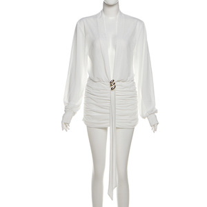 Peeqi K25D77359 autunno nuovo stile 2025 abito da donna grazioso Sexy profondo scollo a V plissettato a maniche lunghe abiti da donna - Product Image 6