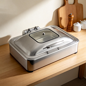 Scaldavivande Rettangolare in Acciaio Inox, Attrezzatura per Catering, Doppio Contenitore con Coperchio Ribaltabile, Riscaldamento ad Alcool - Product Image 2