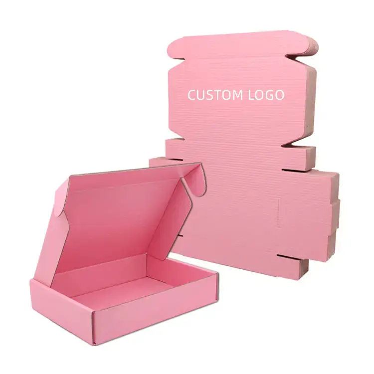 Бесплатный образец, оптовая продажа, модный розовый Подарочный логотип, индивидуальный дизайн, упаковка, почтовые отправления, гофрированная бумага, складная коробка для доставки