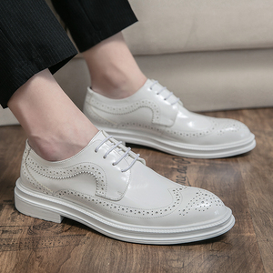 Lace up Business <strong>White</strong> <strong>Black</strong> Color <strong>Brogue</strong> s Size 38-46 Microfiber Leather Dress s for Men - Product Image 2
