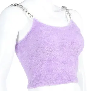 Sexy Women Fashion Summer Chain Sling Fur Type Purple Casual Tank Crop Tops Vest Sleeveless Short Tee Shirt S-L