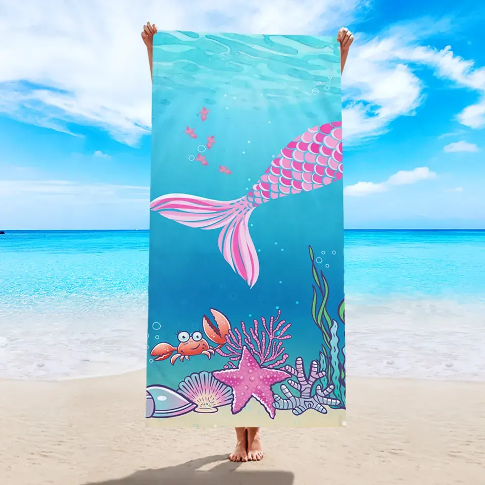 Hızlı kuru süper yumuşak özel Mermaid kuyruk Polyester kamp havuzu plaj havlusu