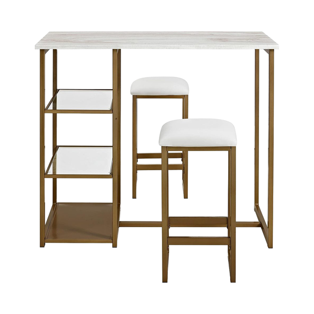 3-Piece Home Bar Table with Shelves Stools Pub Set for 2 With Faux Marble Top Stool Table Set