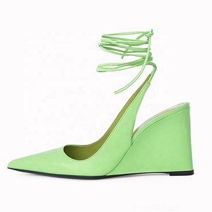 Women Green Ankle Lace up <b>High</b> Wedge <b>Heels</b> Pointy Toe Dress Shoes Office Lady <b>Sexy</b> Wedges Sandals Custom Logo - Product Image 3
