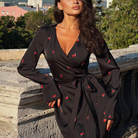 Robes longues à col en V et ceinture pour femmes, vente en gros, précommande, élégantes, manches longues, robe maxi pour femmes