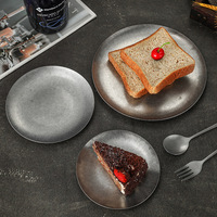 Plateau de Service Rond Simple et Rétro en Acier Inoxydable Argent Mat Givré pour Banquets, Barbecues, Pique-niques et Camping