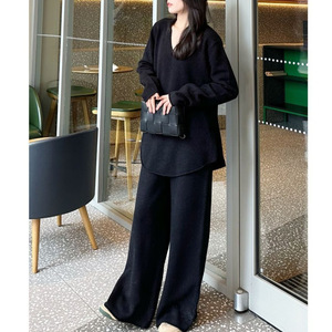 Nouvel ensemble de mode pour femmes : pull en maille à col en V avec <span class=keywords><strong>pantalon</strong></span> large fluide, tenue deux pièces en <span class=keywords><strong>beige</strong></span> et noir - Product Image 6
