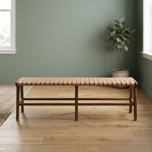 Natural Woven Genuine Leather Teak Wooden Modern Outdoor Dining Room Bench Furniture - Product Image 2