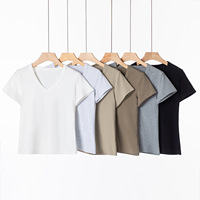 Kaos Wanita Katun Combed Spandex Crop V-neck Lengan Pendek - Gaya Minimalis Warna Solid Tanpa Perawatan Setrika Musim Semi/Panas