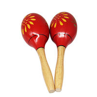 Maracas en bois à têtes rouges avec fleurs jaunes et vertes peintes à la main, boule de sable colorée de style dessin animé