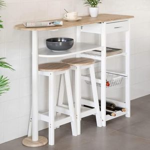 Ensemble table Peninsula avec 2 tabourets en chêne blanc 119x38,5x88,5 cm, comptoir de cuisine avec étagères de rangement et panier - Product Image 6