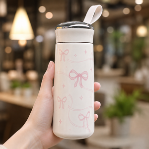 Personalized Cute Bow Print Glass Tumbler Eco-Friendly Portable Drinking <b>Bottle</b> with Loop Lid for Daily Use Promotional Gifts - Product Image 3