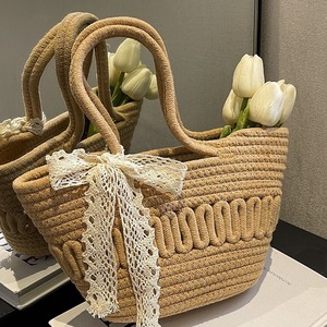 French Style Bow Knot Woven Tote Bag For Women Solid Color Lace <b>Material</b> Horizontal Square Shape Everyday Outfits Spring 2023 - Product Image 3