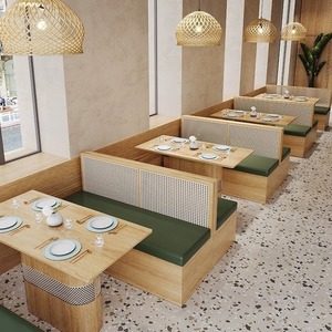 Sistema de Mesa y Sillas para Restaurante Estilo Japandi Natural, Asientos con Respaldo de Mimbre, Sillas Semicirculares en Forma de C, Sofá para Restaurante - Product Image 4