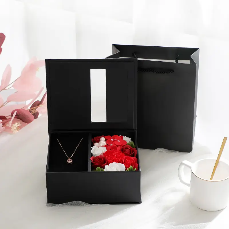 Black Jewelry Transparent Necklace Box Artificial Flowers Rose Gift Packing Paper Box For Valentine's Day